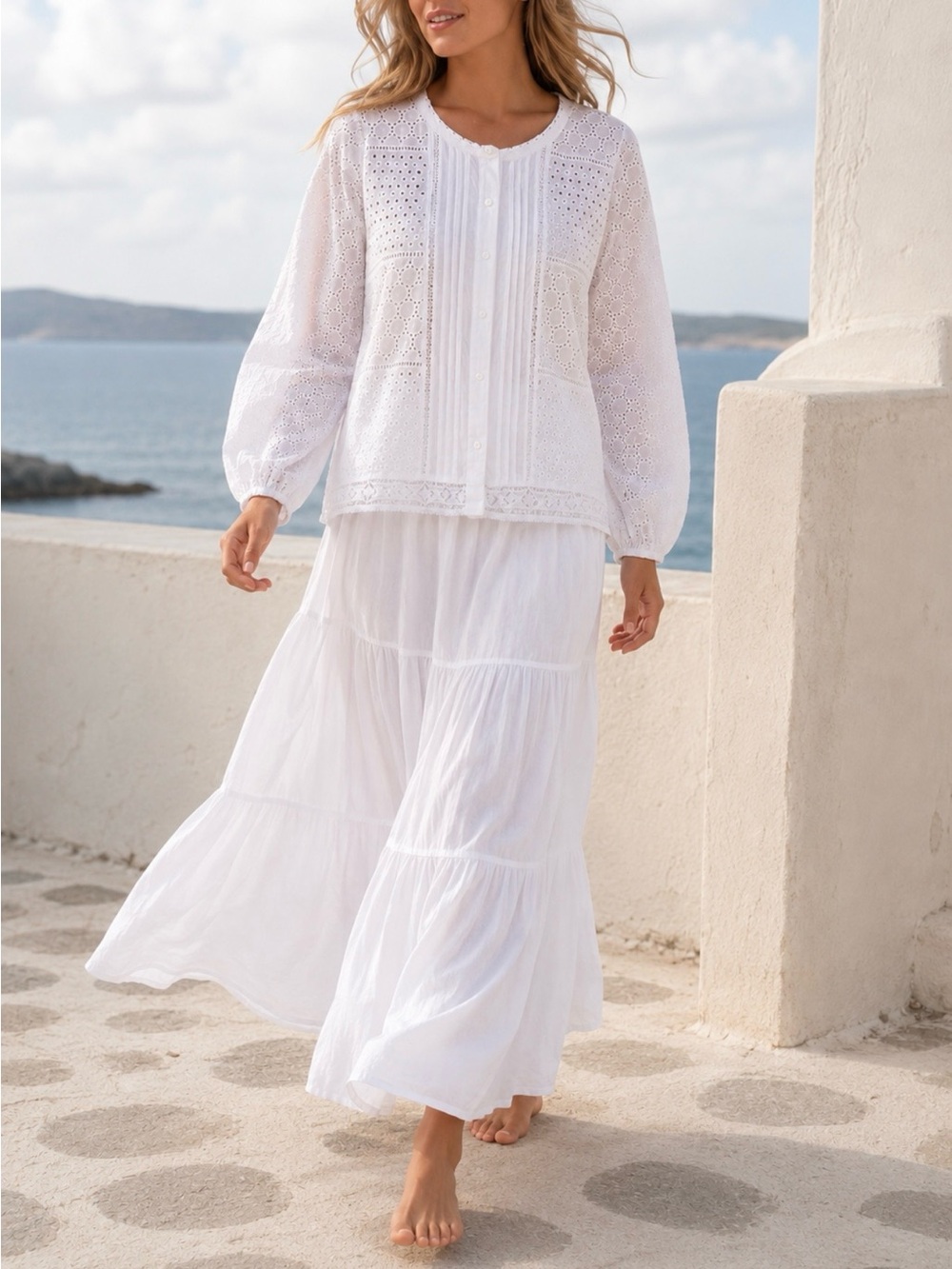 J.McLaughlin White Eyelet Lace Cotton Blouse L Pintuck Button Front Boho Cottage - Picture 11 of 11
